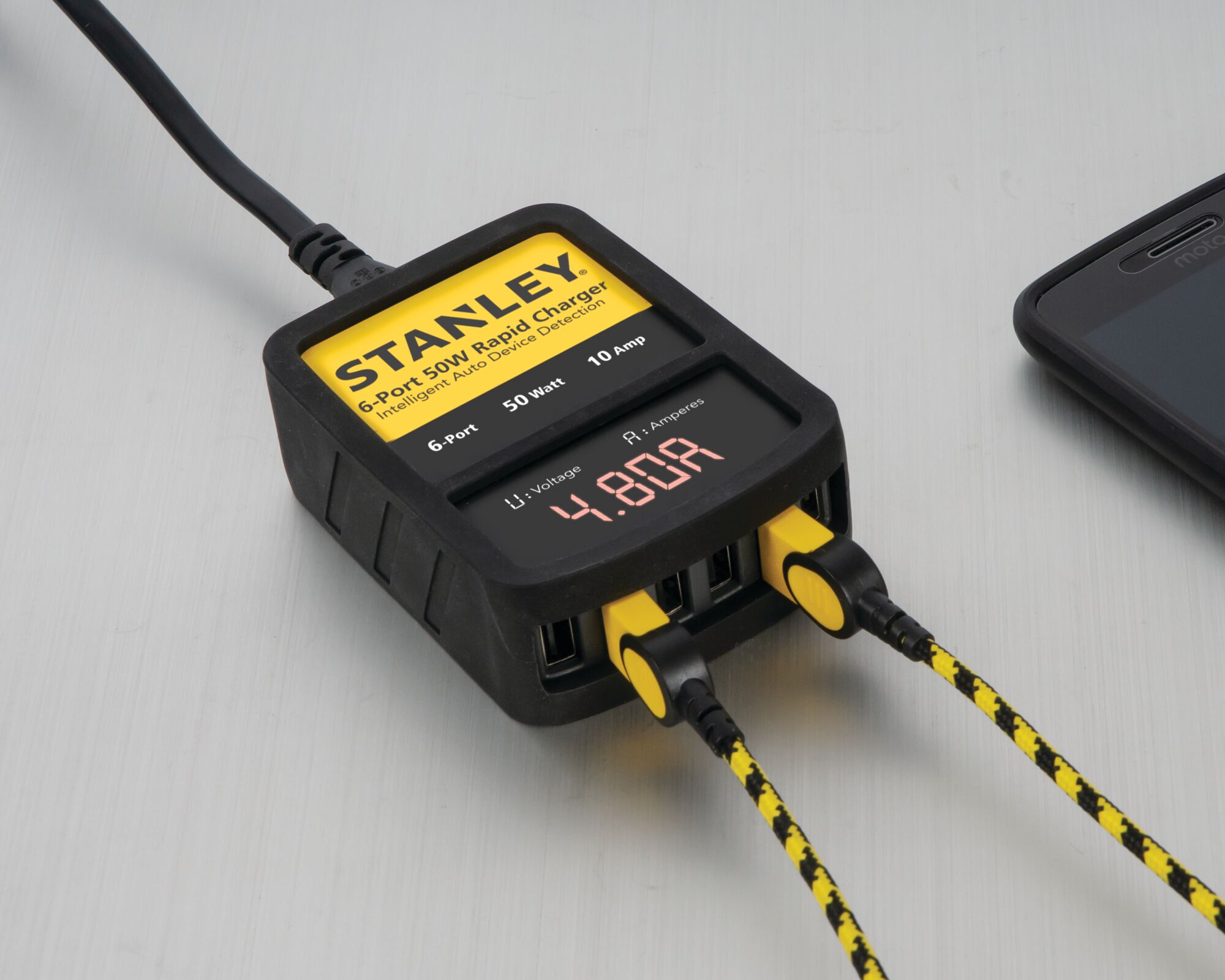 50 watts rapid usb wall charger with led readout fixed with two usb cables.