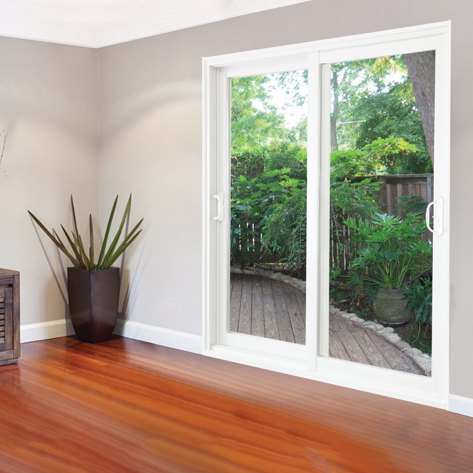 Glass sliding window adjusted in room.