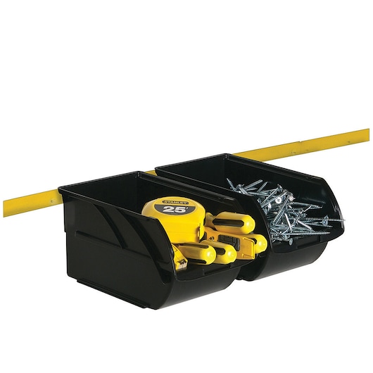Profile of 2 Storage Bins with Wall Hangers containing tools and screws.