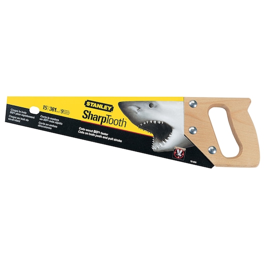 15 inch sharp tooth hand saw in boxed packaging.