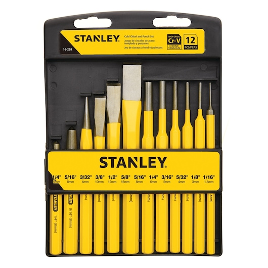 12 piece punch and chisel kit in packaging case.