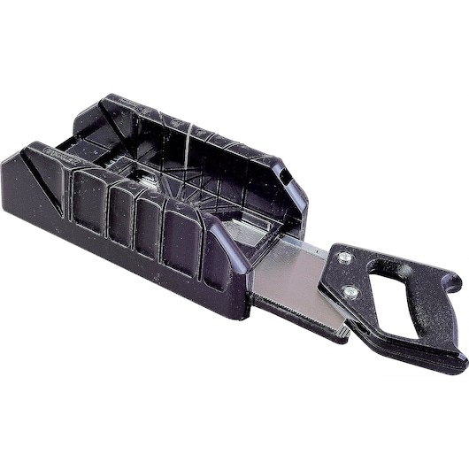 Right profile of saw storage mitre box with saw.