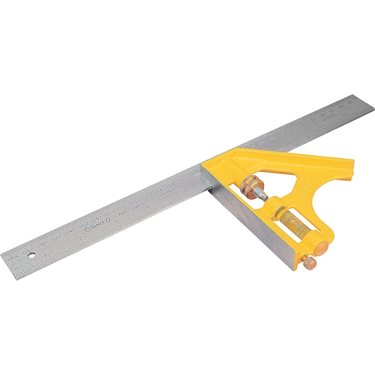 Inclined view of 12 inch english and metric combination square.