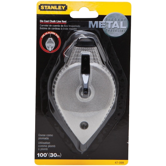 100 foot diecast chalk line reel in plastic packaging.