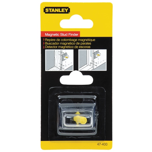 Magnetic stud finder in plastic packaging.