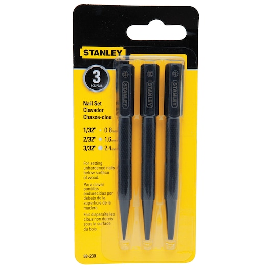 3 piece steel nail set in cardboard packaging.
