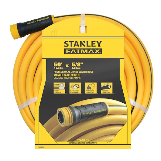 Yellow and black Stanley FATMAX 50-foot by 5/8-inch professional-grade hose, front-facing in packaging.
