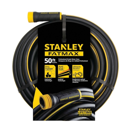 Fatmax 50 foot professional grade water hose in packaging.
