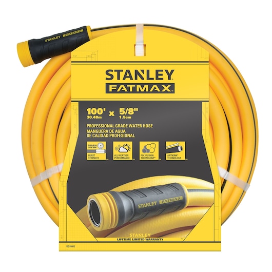 Yellow and black Stanley FATMAX 100-foot by 5/8-inch professional-grade hose, front-facing in packaging.