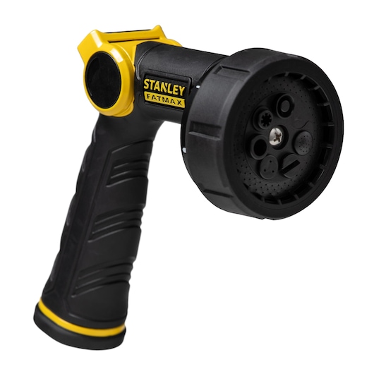 Black and yellow Fatmax seven pattern zinc thumb control nozzle. 