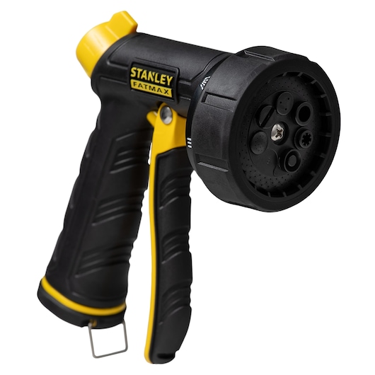 Black and yellow Fatmax seven pattern front trigger nozzle. 