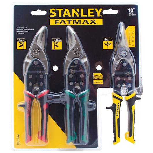3 piece fatmax aviation snip set in plastic packaging.