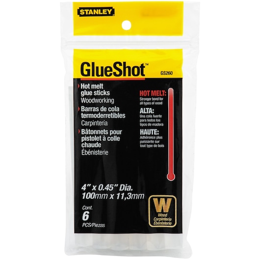 6 pack 7 sixteenths inch by 4 inch woodworking glue stick packed in their plastic ziplock packaging.