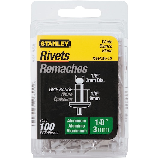 100 pack 1 eighth inch by 1 eighth inch aluminum rivets packed.