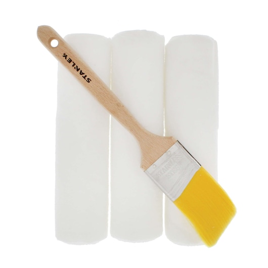 Stanley paint brush and paint rollers.