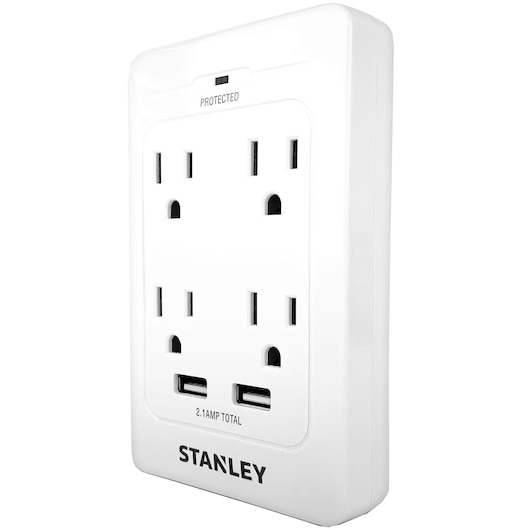 Right angle view of SURGEQUAD™  2 USB 4 outlet surge adapter