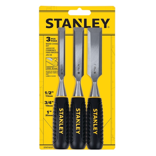 3 piece Wood Chisel Set in cardboard packaging.