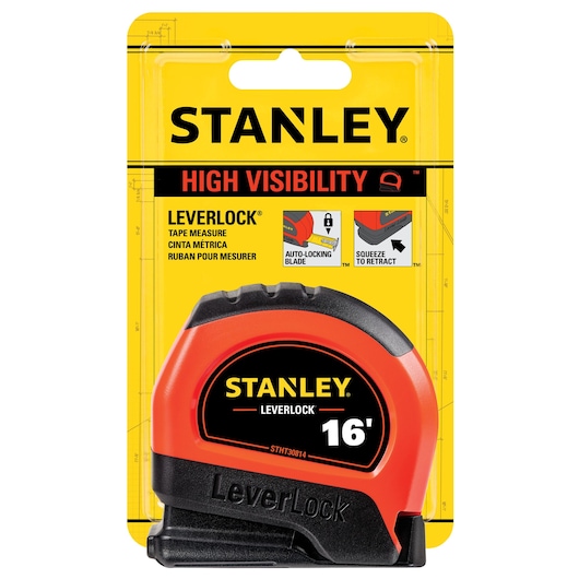 16 Feet HIGH VISIBILITY LEVER LOCK tape measure in cardboard packaging.