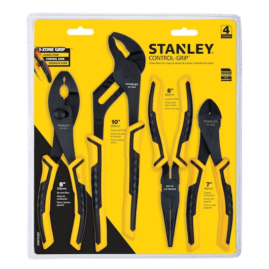 4 piece Pliers Set in plastic packaging.